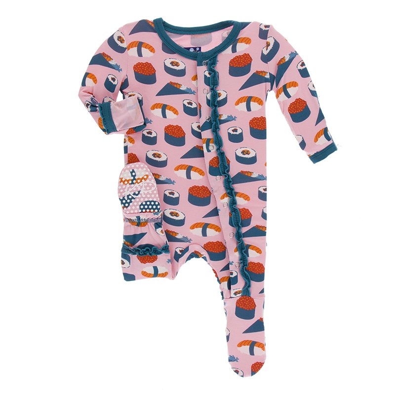 Print Muffin Ruffle Footie in Lotus Sushi